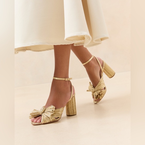 $395 Loeffler Randall Camellia Gold Pleated Bow Heel size 7